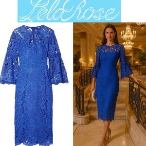 $1690 LELA ROSE Cobalt Blue Guipure Floral Lace Flounce Bell Sleeve Midi Dress